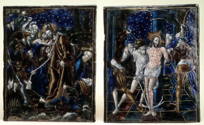 Il bacio di Giuda e la flagellazione di Cristo: due placche smaltate dalla serie della Passione del Nostro Signore, Limoges, metà del XVI secolo da Unknown